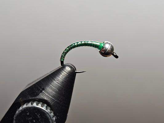 A disco midge or disco perdigon fly pattern tied by New England Fly Company