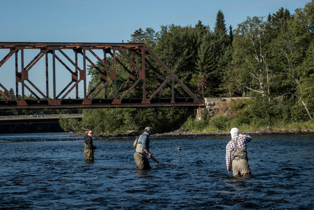 An angler reels in a native landlocked salmon at the East Branch of the Penobscot on a guided fly fishing trip with New England Fly Company